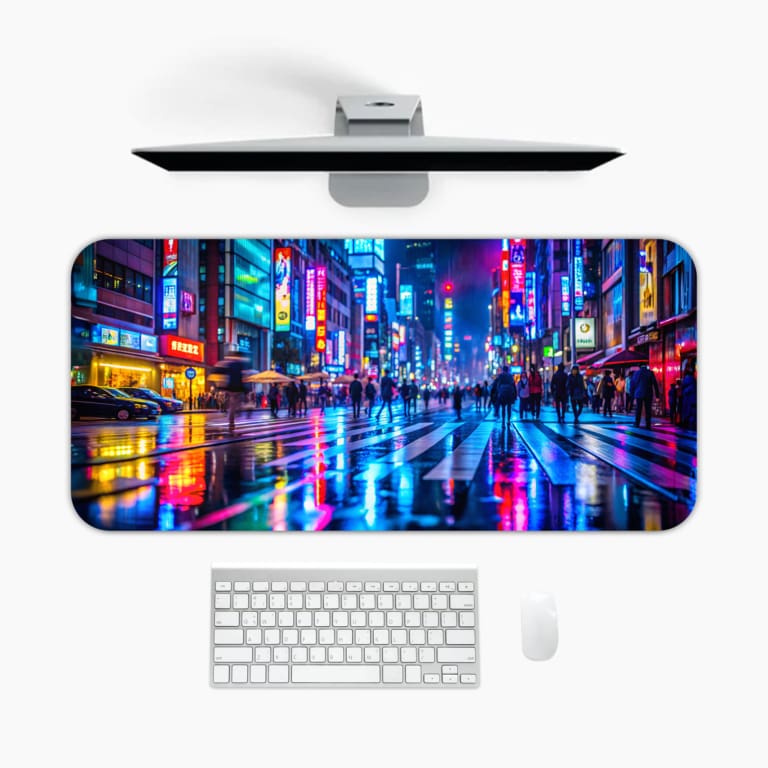 Infidu Neon City Street Desk Pad features a vibrant nighttime city scene with neon lights reflecting on a wet street, perfect for an energetic workspace. A desk pad under the computer