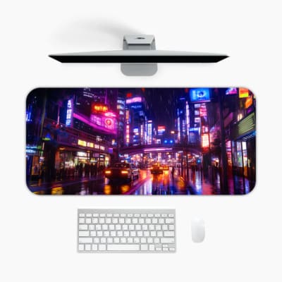 Infidu Neon City Street Desk Pad with a vibrant urban night scene featuring neon lights, tall buildings, and colorful reflections on wet pavement. A desk pad under the computer