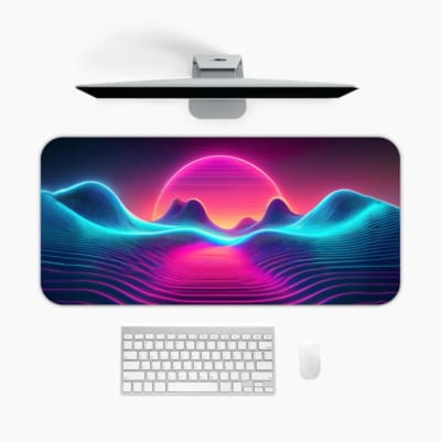 Infidu Wave Design Desk Pad features a neon landscape with a glowing purple and pink sun, wave patterns, and an 80s vaporwave aesthetic. A desk pad under the computer