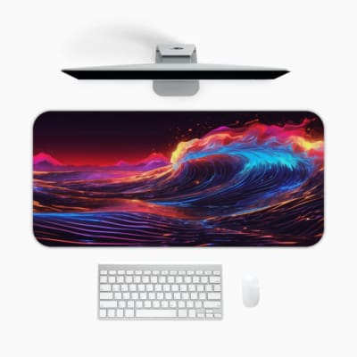 Infidu Desk Pad features a vibrant ocean wave design in shades of blue and purple, with a dark background and bright pink and orange sky. desk pad kept on the table