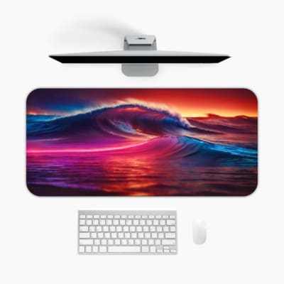 Infidu Vibrant Ocean Wave Design Desk Pad showcases colorful waves in shades of purple, pink, blue, and red against a dramatic sky. A desk pad under the computer