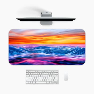 Infidu Serene Sunset Wave Design Desk Pad features colorful soft waves in blue, purple, and pink with a yellow and orange sunset. A desk pad under the computer