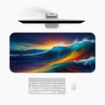 Infidu Vibrant Ocean Wave Design Desk Pad showcases colorful waves in deep blues, yellows, oranges, and purples for a lively look. A desk pad under the computer