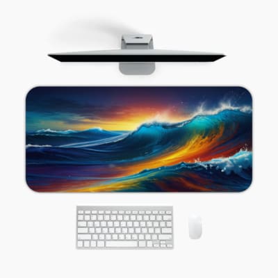 Infidu Vibrant Ocean Wave Design Desk Pad showcases colorful waves in deep blues, yellows, oranges, and purples for a lively look. A desk pad under the computer