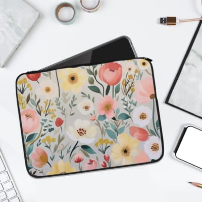 Infidu Vibrant Floral Laptop Sleeve with red, yellow, pink, and white flowers against a light background on a white laptop sleeve kept on a plain white background