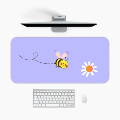 Cute bee desk pad with light blue background and playful flower design, perfect for adding a fun touch to any desk A desk pad under the computer