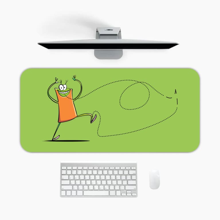 Playful cartoon character desk pad with light green background and minimalistic design featuring a cheerful character in an orange shirt. A desk pad under the computer