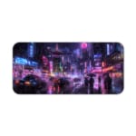 Infidu Neon City Street Desk Pad featuring a rainy night cityscape with people holding umbrellas, neon lights, and reflective wet streets. Desk Pad kept on a plain white background