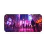 Infidu Neon City Street Design Desk Pad showcases silhouettes of people on a reflective street with vibrant neon colors. Desk Pad kept on a plain white background