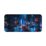 Infidu Neon Lights Midnight City Reflections Desk Pad shows a moody, rainy city scene with neon reflections, perfect for a modern workspace. Desk Pad kept on a plain white background