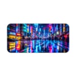 Infidu Neon City Street Desk Pad features a vibrant nighttime city scene with neon lights reflecting on a wet street, perfect for an energetic workspace. Desk Pad kept on a plain white background