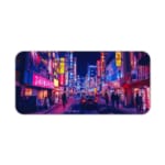 Infidu Neon City Street Desk Pad features a vibrant nighttime city scene with neon lights in pink, purple, yellow, and blue, perfect for any desk setup. Desk Pad kept on a plain white background