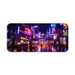 Infidu Neon City Street Desk Pad with a vibrant urban night scene featuring neon lights, tall buildings, and colorful reflections on wet pavement. Desk Pad kept on a plain white background