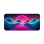 Infidu Wave Design Desk Pad features a neon landscape with a glowing purple and pink sun, wave patterns, and an 80s vaporwave aesthetic. Desk Pad kept on a plain white background