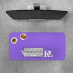 Infidu Work Desk Pad featuring the word "WORK." in white on a light purple background with a dark horizontal line above. Desk Pad with Keyboard and Mouse on top of the desk pad