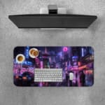 Infidu Neon City Street Desk Pad featuring a rainy night cityscape with people holding umbrellas, neon lights, and reflective wet streets. Desk Pad with Keyboard and Mouse on top of the desk pad