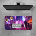 Infidu Neon City Street Design Desk Pad showcases silhouettes of people on a reflective street with vibrant neon colors. Desk Pad with Keyboard and Mouse on top of the desk pad