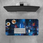 Infidu Neon Lights Midnight City Reflections Desk Pad shows a moody, rainy city scene with neon reflections, perfect for a modern workspace. A desk pad under the computer