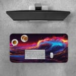 Infidu Desk Pad features a vibrant ocean wave design in shades of blue and purple, with a dark background and bright pink and orange sky. desk pad kept on the table