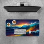 Infidu Vibrant Ocean Wave Design Desk Pad showcases colorful waves in deep blues, yellows, oranges, and purples for a lively look. Desk Pad with Keyboard and Mouse on top of the desk pad