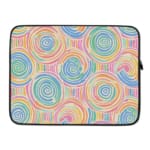 Laptop sleeve with a playful pastel spiral design on a white background. laptop sleeve kept on a plain white background