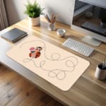 Infidu Ladybug Desk Pad featuring a red and black ladybug holding a pink flower on a light background with a dotted path. desk pad kept on the table