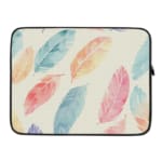 Infidu Pastel Feather Laptop Sleeve with soft fabric in pink, blue, and orange shades, featuring a zip closure for secure laptop protection. laptop sleeve kept on a plain white background