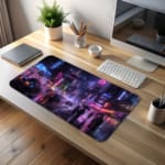 Infidu Neon City Street Desk Pad featuring a rainy night cityscape with people holding umbrellas, neon lights, and reflective wet streets. desk pad kept on the table