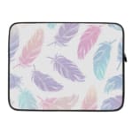 Infidu Pastel Feather Laptop Sleeve with soft fabric in pink, blue, and purple shades, featuring a zip closure for secure laptop protection. laptop sleeve kept on a plain white background