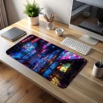 Infidu Futuristic City Desk Pad features a colorful scene with neon lights reflecting on a wet surface, perfect for a vibrant workspace. desk pad kept on the table