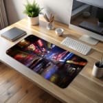 Infidu Neon City Street Design Desk Pad featuring a vibrant cityscape at night with neon signs, reflections on wet streets, and silhouettes of people walking. desk pad kept on the table