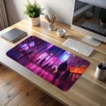 Infidu Neon City Street Design Desk Pad showcases silhouettes of people on a reflective street with vibrant neon colors. desk pad kept on the table