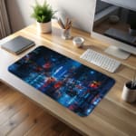 Infidu Neon Lights Midnight City Reflections Desk Pad shows a moody, rainy city scene with neon reflections, perfect for a modern workspace. desk pad kept on the table