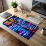 Infidu Neon City Street Desk Pad features a vibrant nighttime city scene with neon lights reflecting on a wet street, perfect for an energetic workspace. desk pad kept on the table