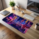 Infidu Neon City Street Desk Pad features a vibrant nighttime city scene with neon lights in pink, purple, yellow, and blue, perfect for any desk setup. desk pad kept on the table