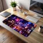 Infidu Neon City Street Desk Pad with a vibrant urban night scene featuring neon lights, tall buildings, and colorful reflections on wet pavement. desk pad kept on the table