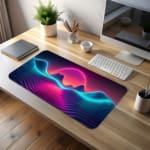 Infidu Wave Design Desk Pad features a neon landscape with a glowing purple and pink sun, wave patterns, and an 80s vaporwave aesthetic. desk pad kept on the table