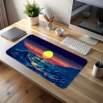 Infidu Desk Pad with an ocean sunset design, showcasing blue waves and a sky in warm tones of pink, purple, and orange for a serene look. desk pad kept on the table