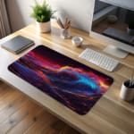 Infidu Desk Pad features a vibrant ocean wave design in shades of blue and purple, with a dark background and bright pink and orange sky. desk pad kept on the table