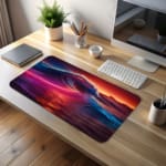 Infidu Vibrant Ocean Wave Design Desk Pad showcases colorful waves in shades of purple, pink, blue, and red against a dramatic sky. desk pad kept on the table