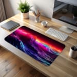 Infidu Neon Ocean Waves Design Desk Pad with vibrant shades of pink, purple, blue, and orange depicting ocean waves and sunset. desk pad kept on the table