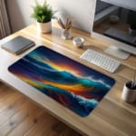 Infidu Vibrant Ocean Wave Design Desk Pad showcases colorful waves in deep blues, yellows, oranges, and purples for a lively look. desk pad kept on the table