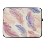 Infidu Pastel Feather Laptop Sleeve with soft pastel feathers in pink, purple, and blue on a light background, shown with office items. laptop sleeve kept on a plain white background