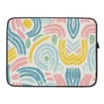 A colorful abstract laptop sleeve featuring pastel pink, blue, yellow, and green curved shapes on a white background with a zip closure. laptop sleeve kept on a plain white background laptop sleeve kept on a plain white background