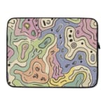 Laptop sleeve with topographic map design in pastel colors, featuring contour lines on a neutral background. laptop sleeve kept on a plain white background