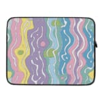 Retro-inspired laptop sleeve with wavy pastel stripes in pink, purple, yellow, green, and blue, covering the surface with a zip closure. laptop sleeve kept on a plain white background