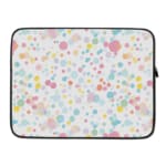 Laptop sleeve with colorful polka dots in pastel shades of pink, blue, yellow, and purple on a light background, with a secure zip closure. laptop sleeve kept on a plain white background