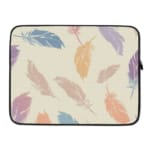 Laptop sleeve with a soft pastel feather design in pink, blue, purple, and orange on a light background, featuring a secure zip closure. laptop sleeve kept on a plain white background