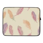 Infidu Pastel Feather Laptop Sleeve with a soft feather design in pastel shades on a light background, displayed on a white desk. laptop sleeve kept on a plain white background