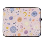 Laptop sleeve with a playful, abstract design featuring colorful shapes like swirls, circles, and dots on a white background. laptop sleeve kept on a plain white background